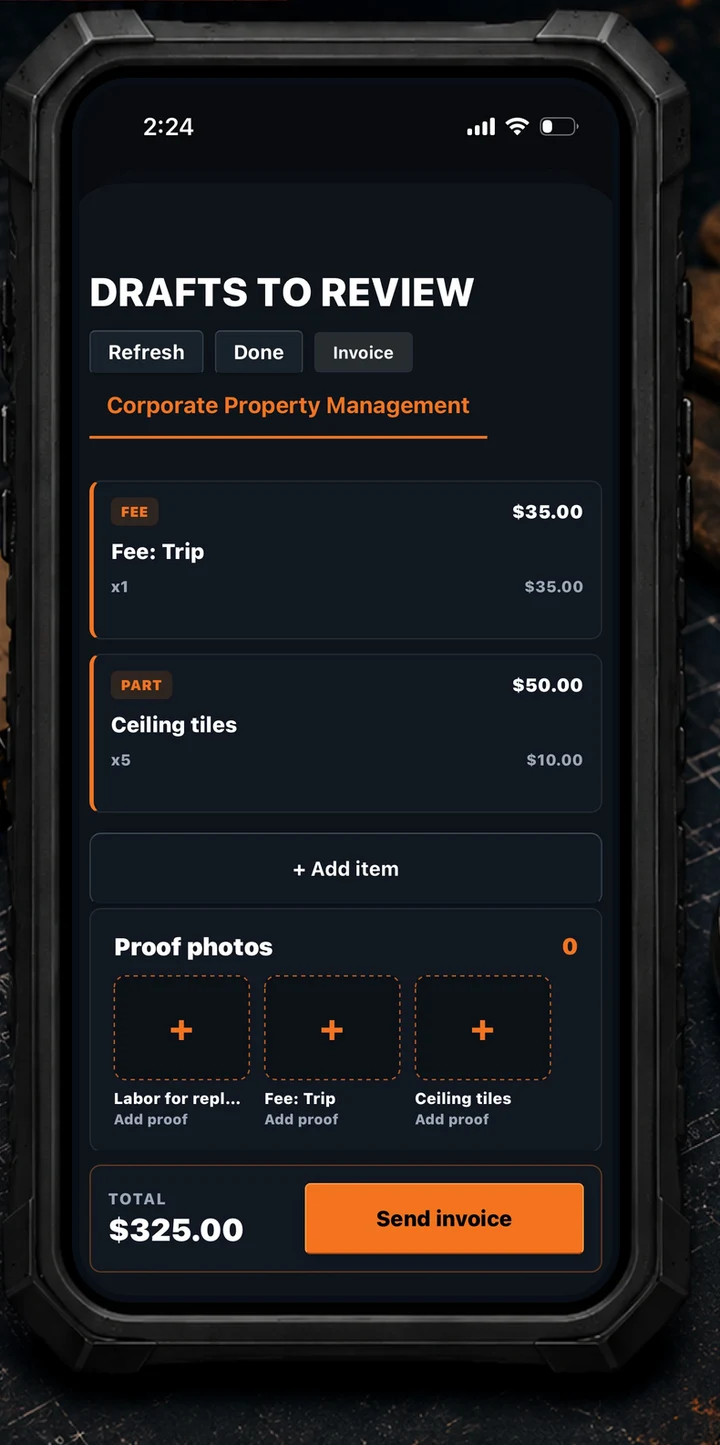 VoiceBillr draft review screen